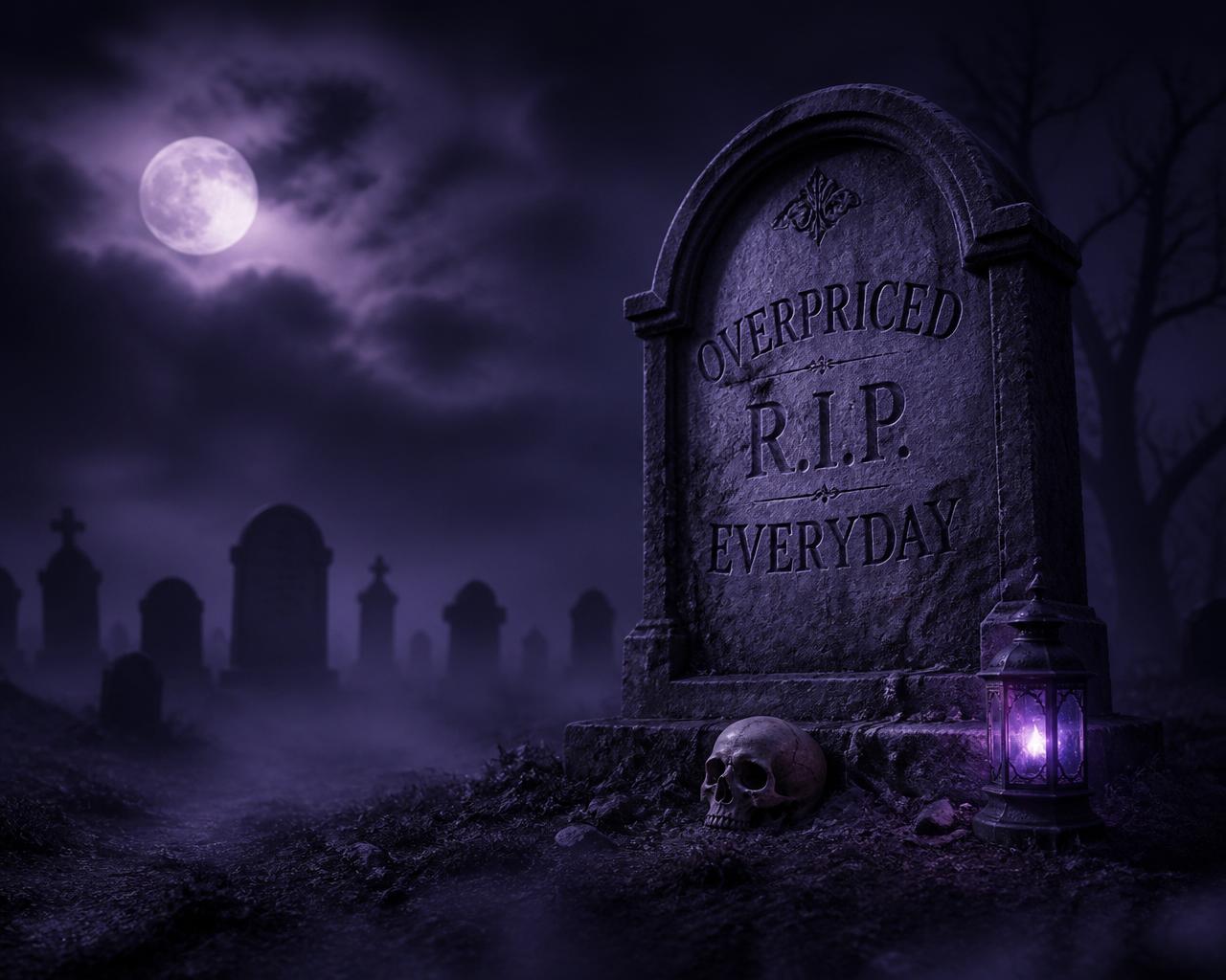 Moonlit graveyard with a tombstone reading 'Overpriced R.I.P. Everyday'